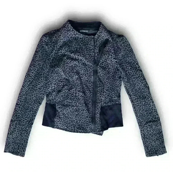 Express Moto Jacket Leopard Zipper Cuffs Asymmetrical Full Zip Gray Black Small - Picture 1 of 7